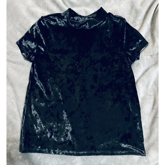 NWOT Nordstrom SZ L 10/12 Black Velvet High Neck Short Sleeve Shirt Top Key Hole - Picture 1 of 4